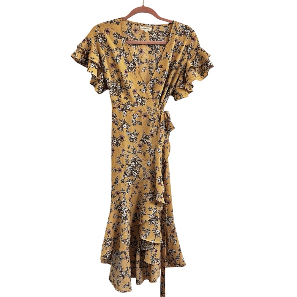 Max Studio Yellow Cottagecore Wrap v-neck Sundress Flowy Flutter Sleeves X-Small